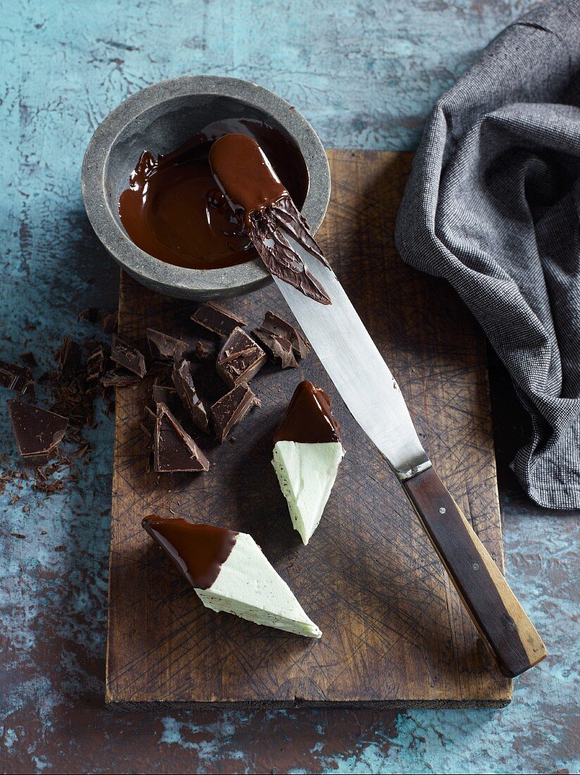 Homemade peppermint marshmallows with chocolate glaze