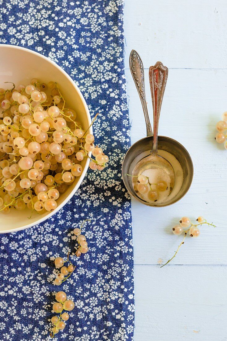 Whitecurrants and sugar with vintage spoons