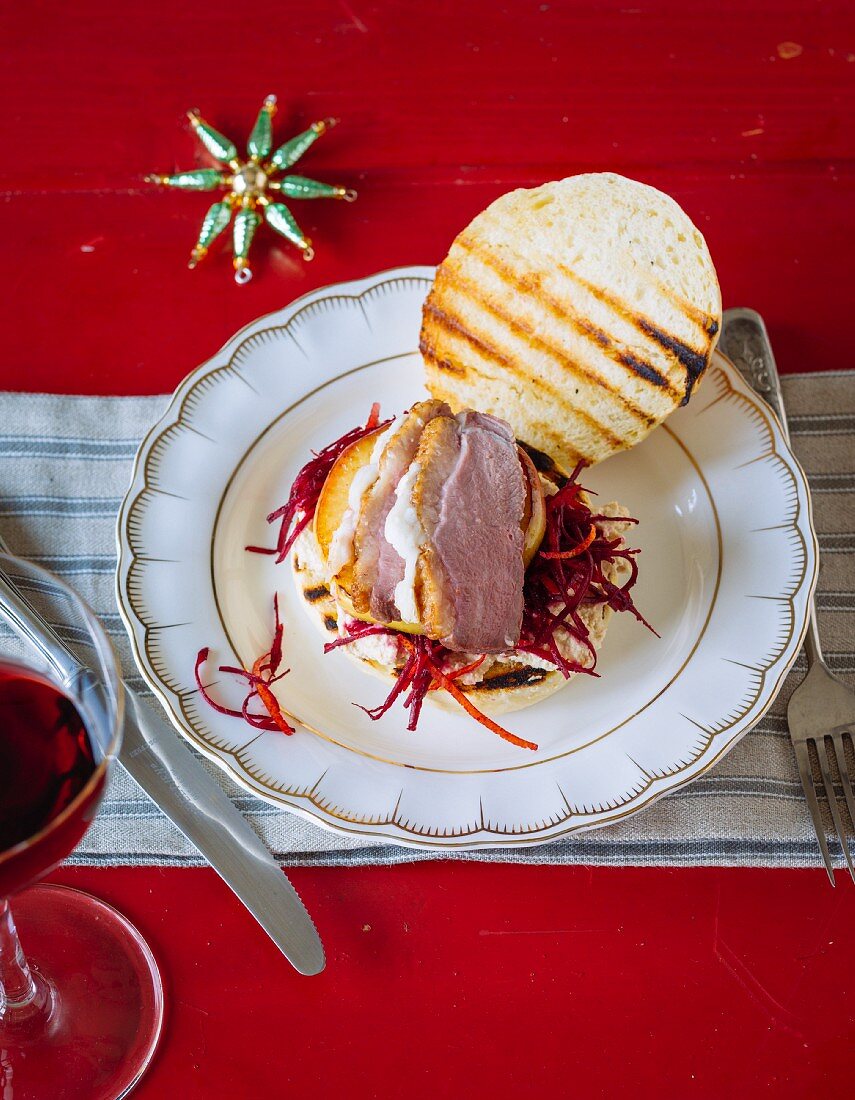 A Christmas burger with duck breast and beetroot