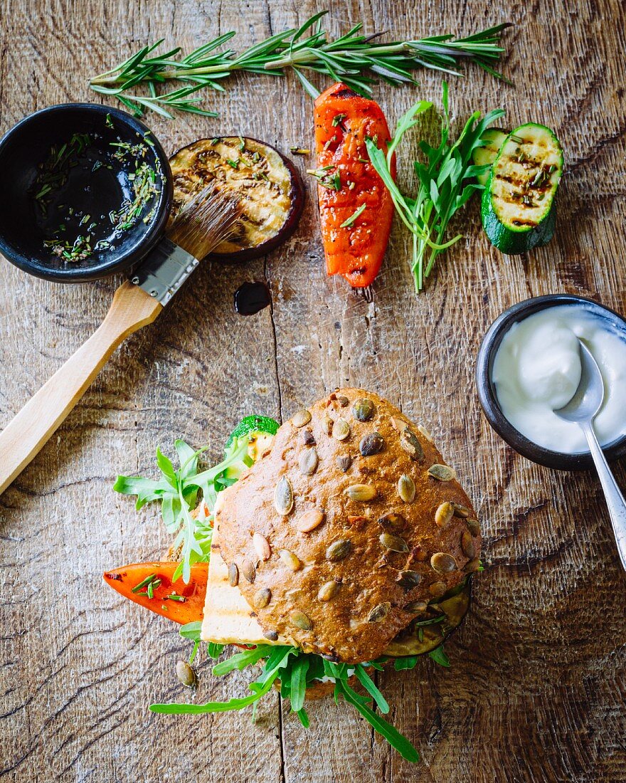 A tofu burger with grilled vegetables