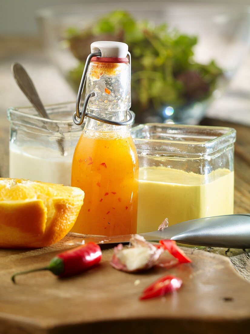 Various sauces in glass containers