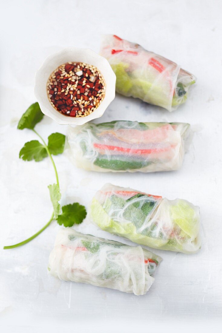 Rice paper rolls filled with duck breast and vegetables