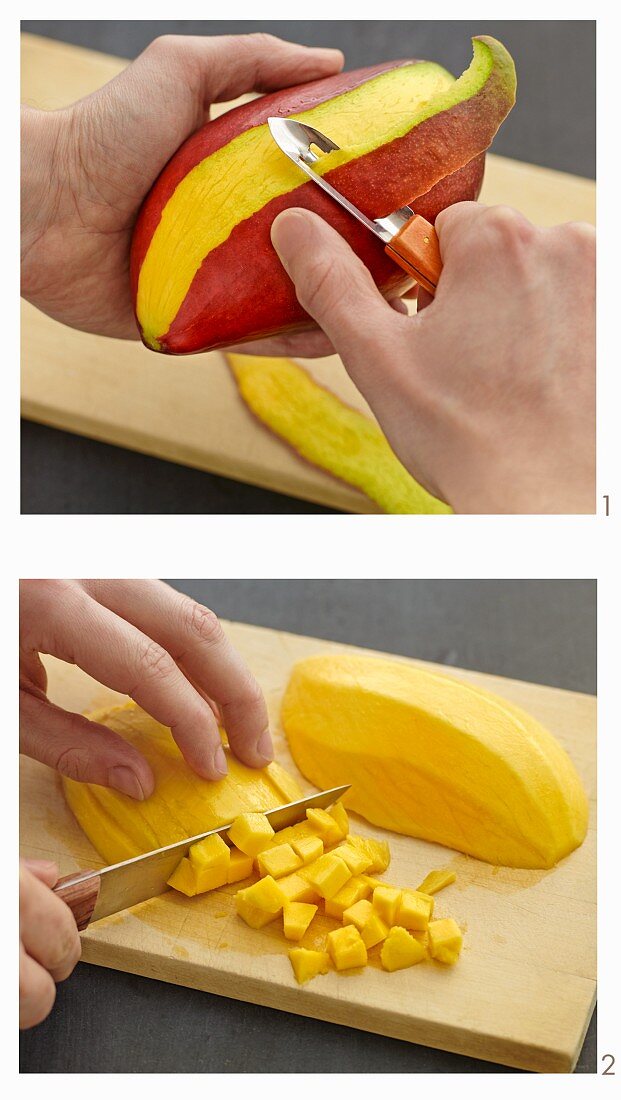 A mango being peeled and diced