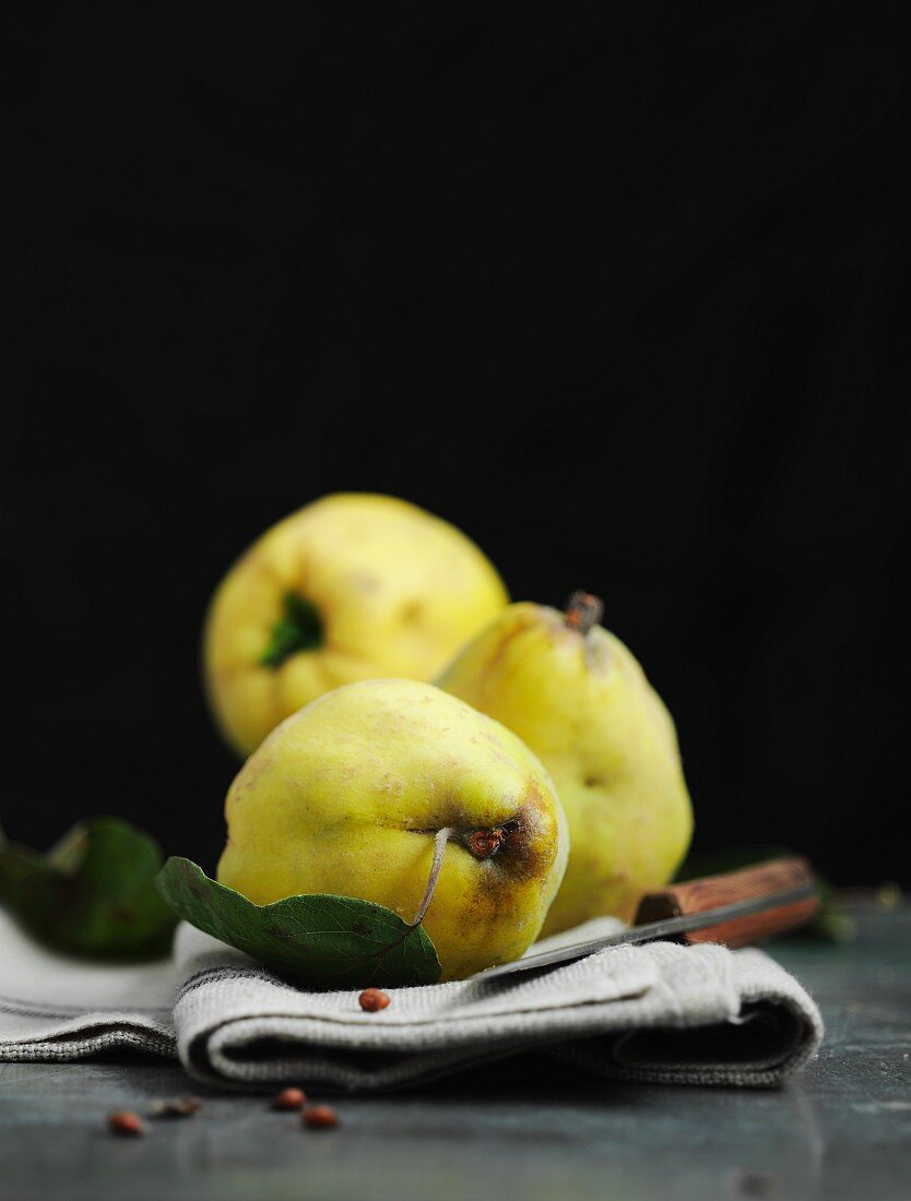 Three quinces on a linen cloth with a knife