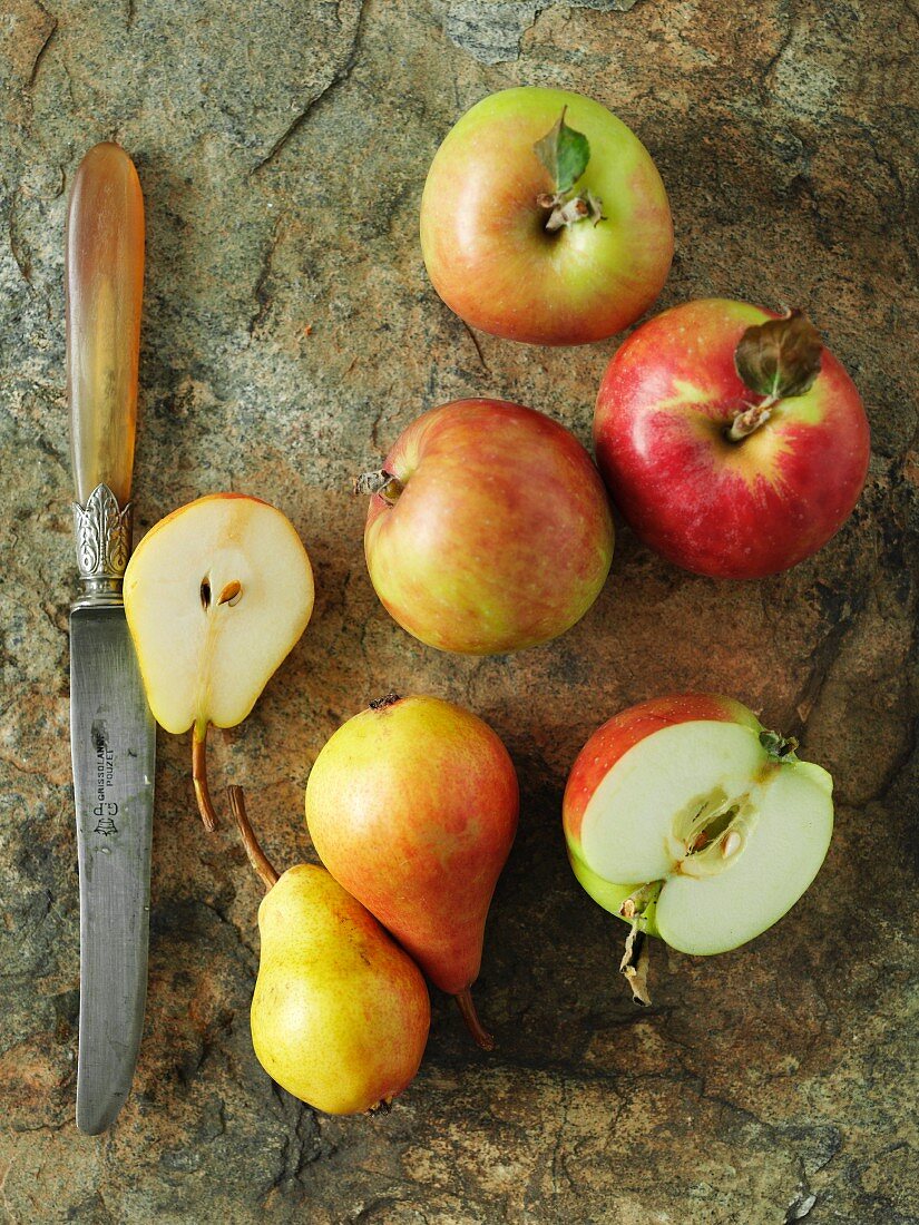 Äpfel und Birnen, teilweise halbiert