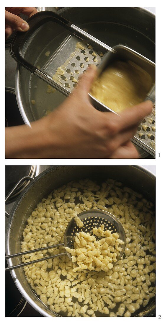 Cutting spaetzle (home-made noodles)