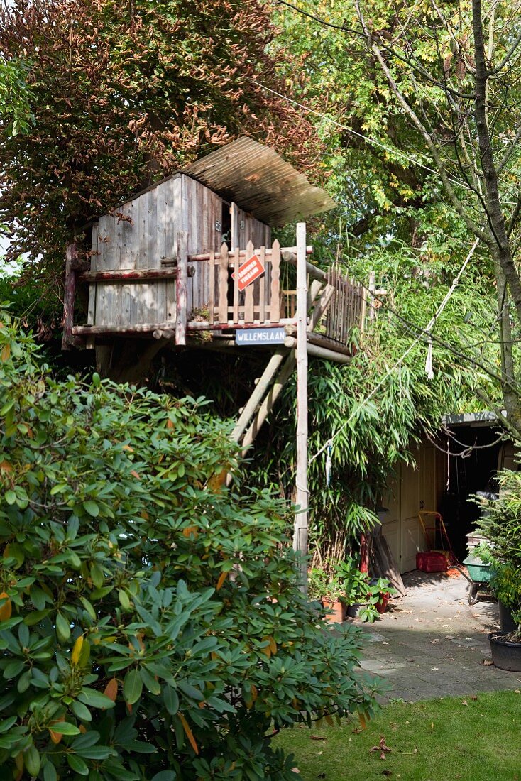 Selbstgebautes Baumhaus mit Vordach und Terrasse zwischen dichtem Blattwerk; Zugang zu Nebengebäude im Hintergrund