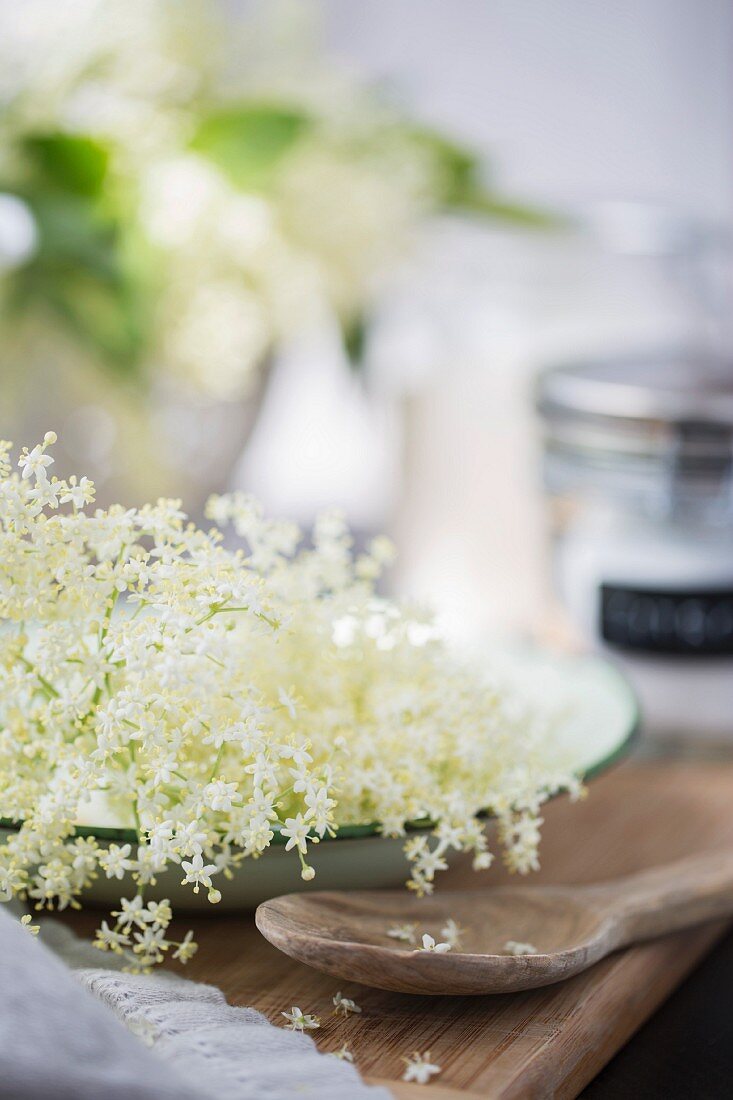 Zutaten für Holunderblütensirup: Holunderblüten und Zucker