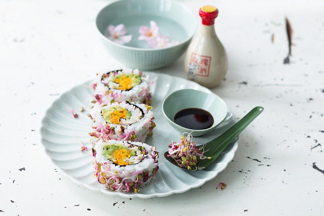 Uramaki sushi with colourful bean sprouts