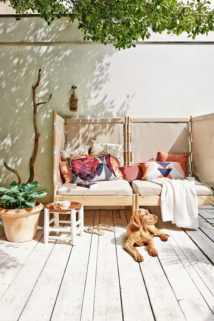 Dog sunbathing on rustic, sunny wooden deck in front of cosy couch with screened sides