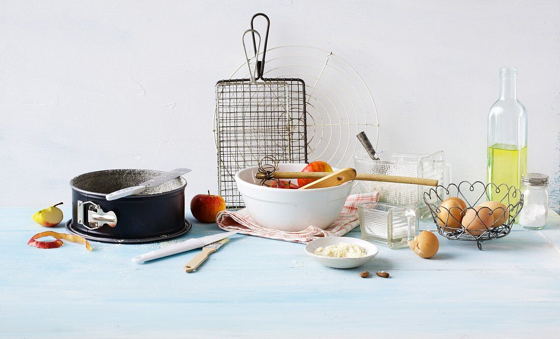 An arrangement of baking ingredients and baking utensils