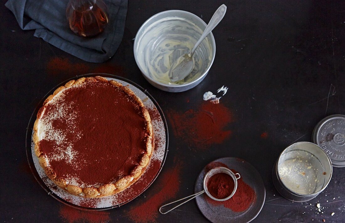 Tiramisu cake being made