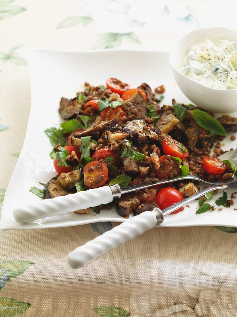 Spicy aubergines with lentils and cucumber yogurt