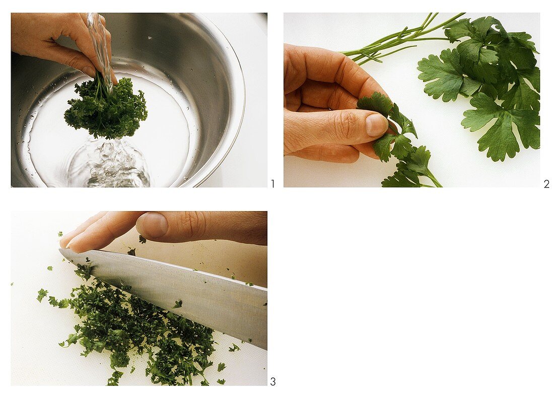 Washing flat leaf parsley, picking off & chopping the leaves