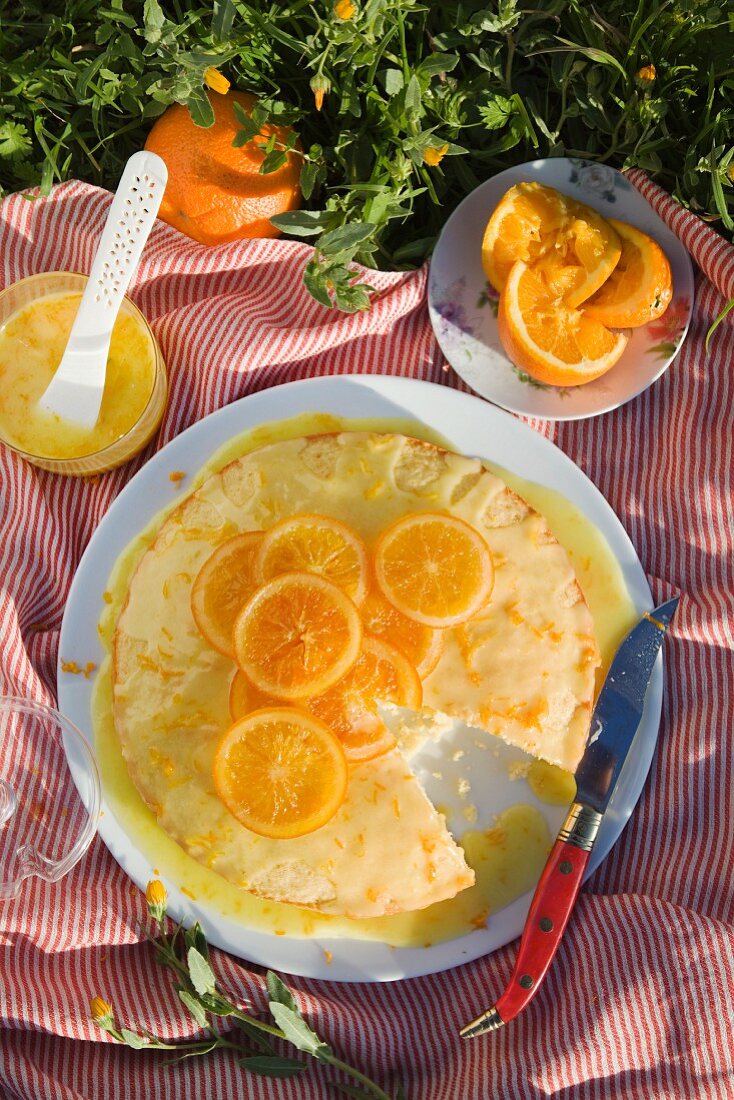 Sponge cake with orange glaze for a picnic