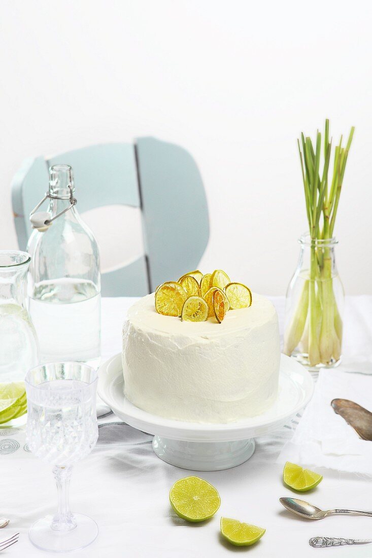Lime cake and limeade on a table