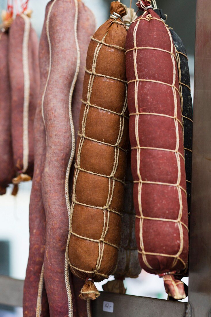 Various types of salami hanging in a butcher's