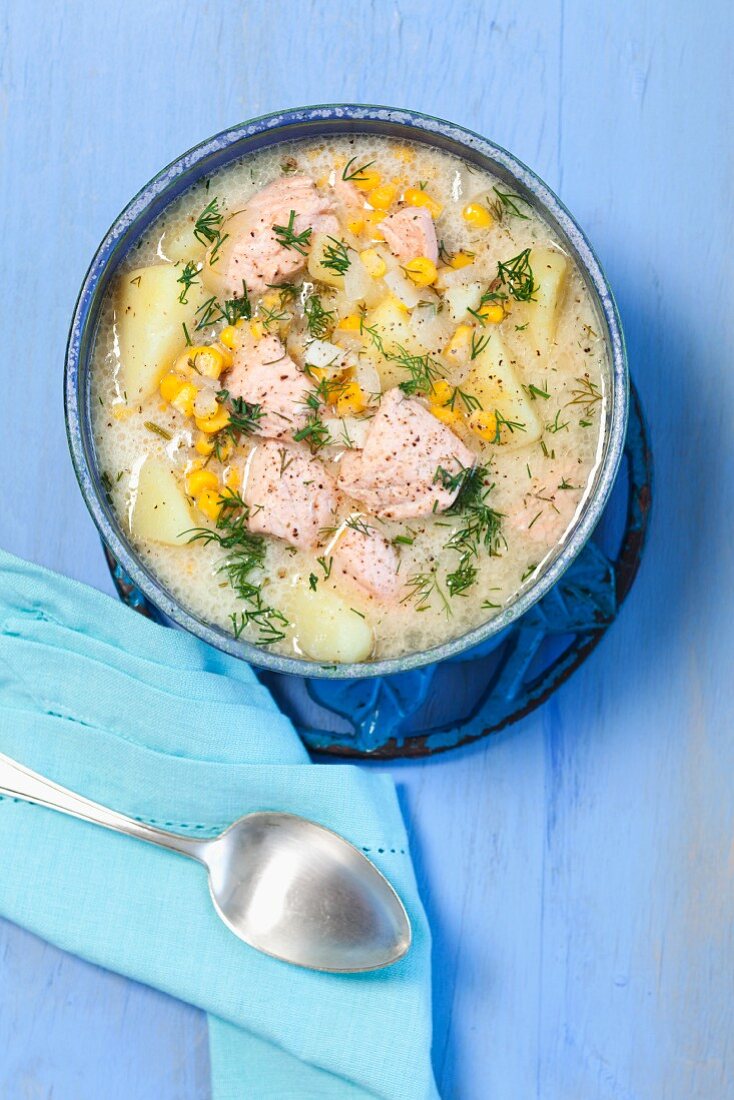 Potato soup with salmon and sweetcorn