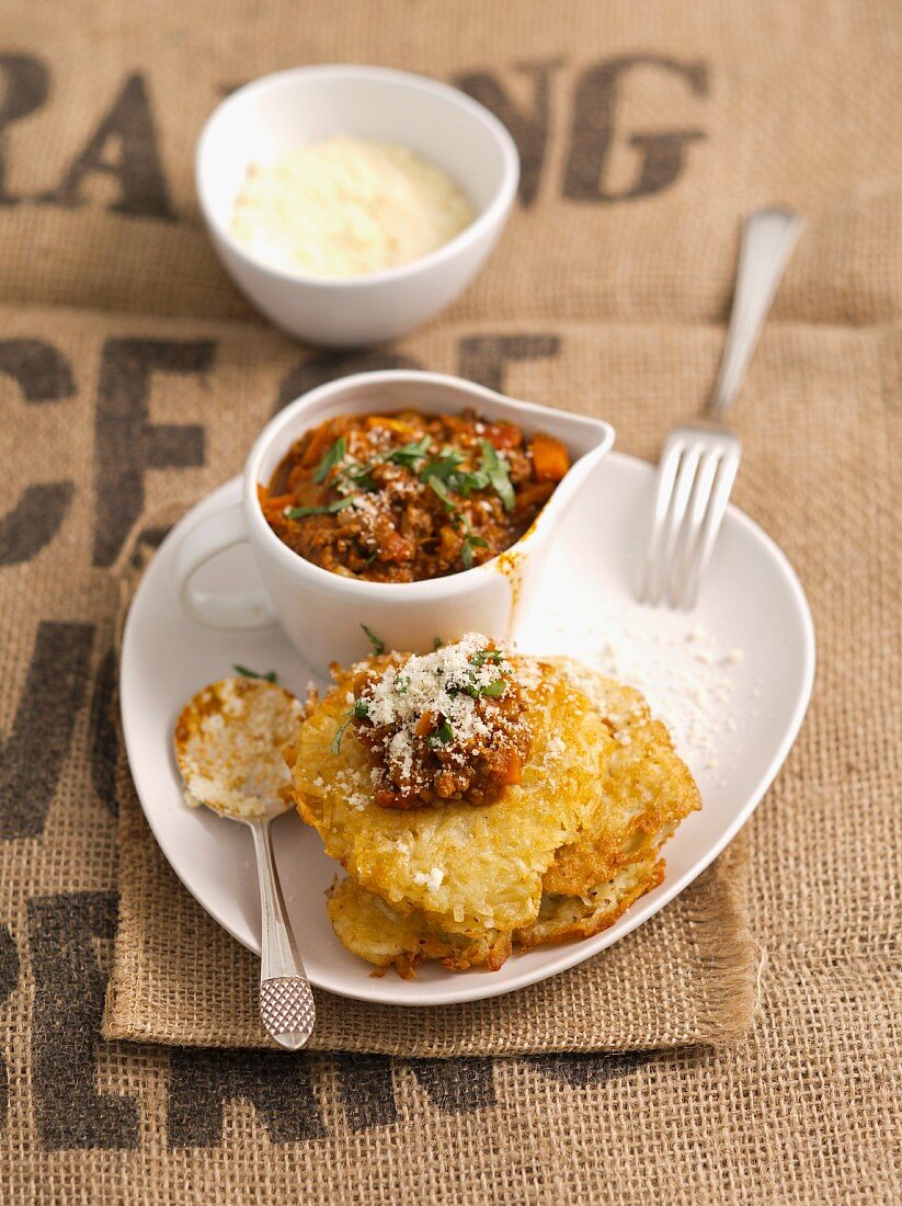 Potato cakes with Bolognese sauce