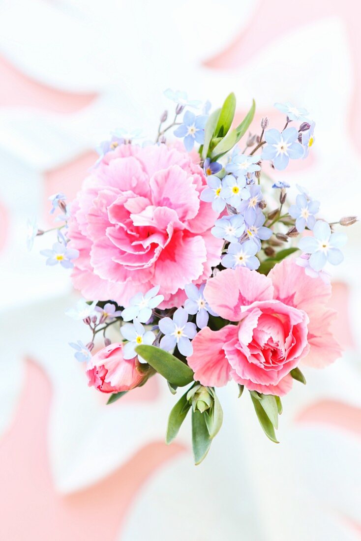 Vase with posy of pink carnations and forget-me-nots (top view)