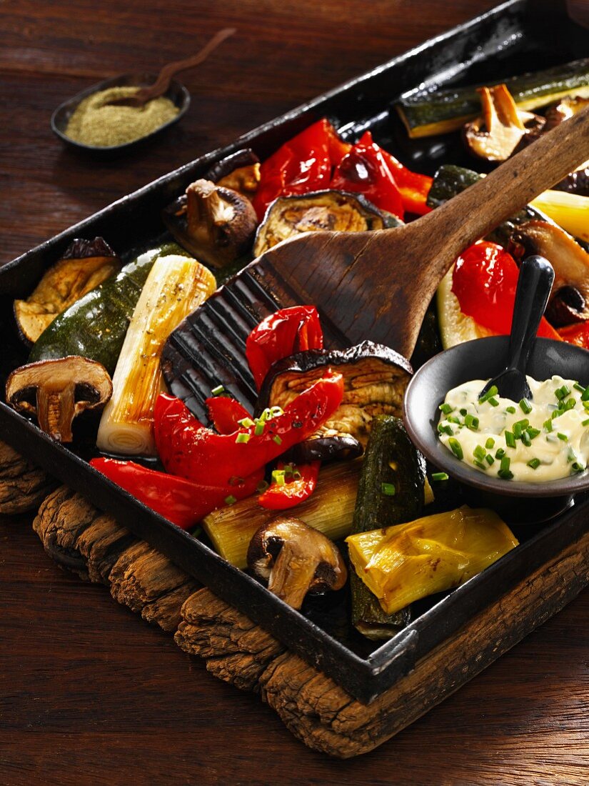 Colourful roasted vegetables with garlic mayonnaise