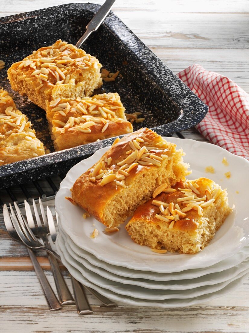 Butter cake tray bake with slivered almonds