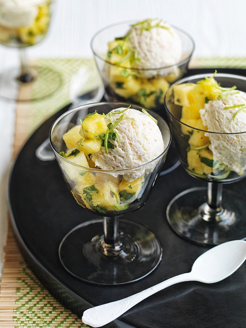 Lime and coconut ice cream with pineapple and mint