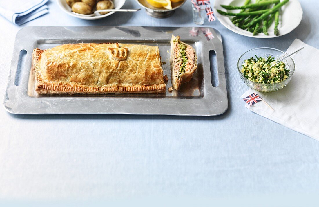 Salmon in pasty with side dishes