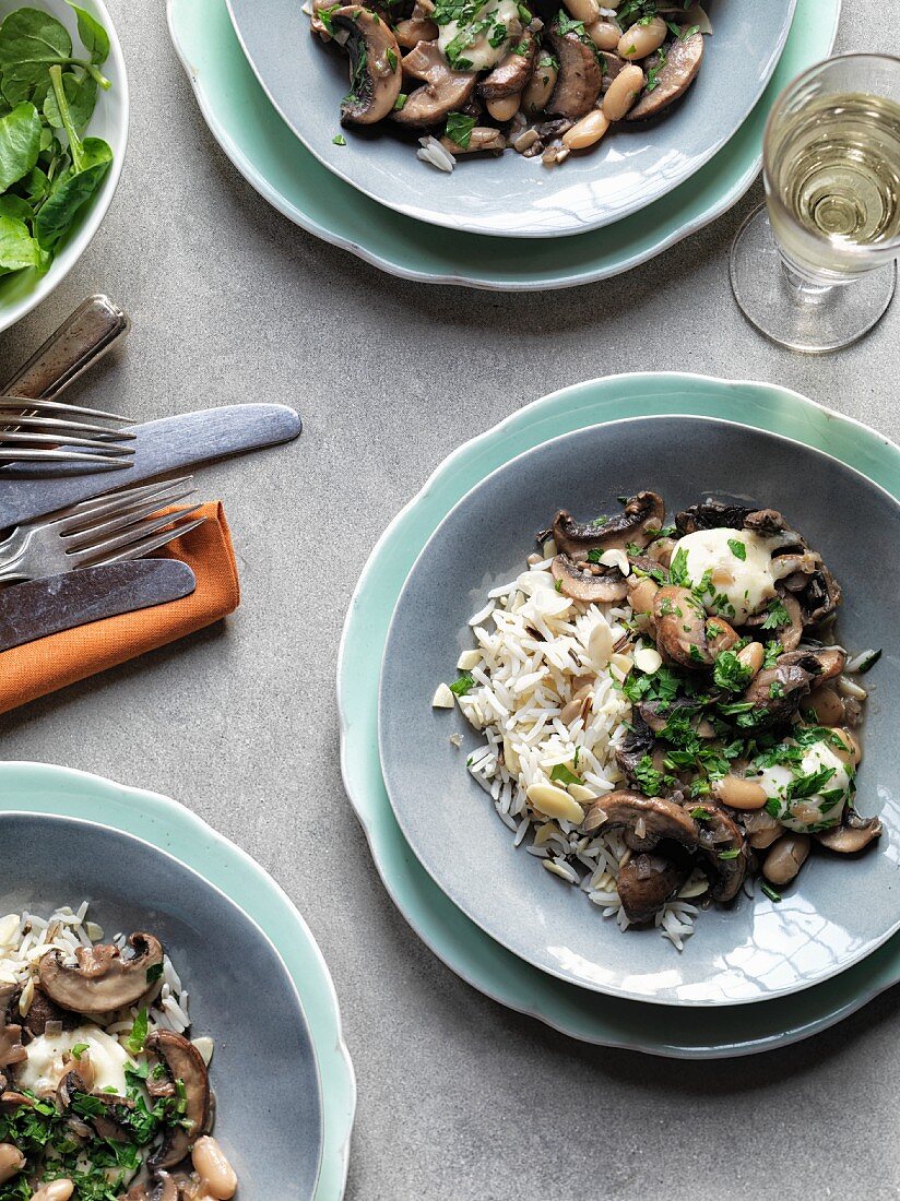 Portobello ragout with cannellini beans and mozzarella served with rice