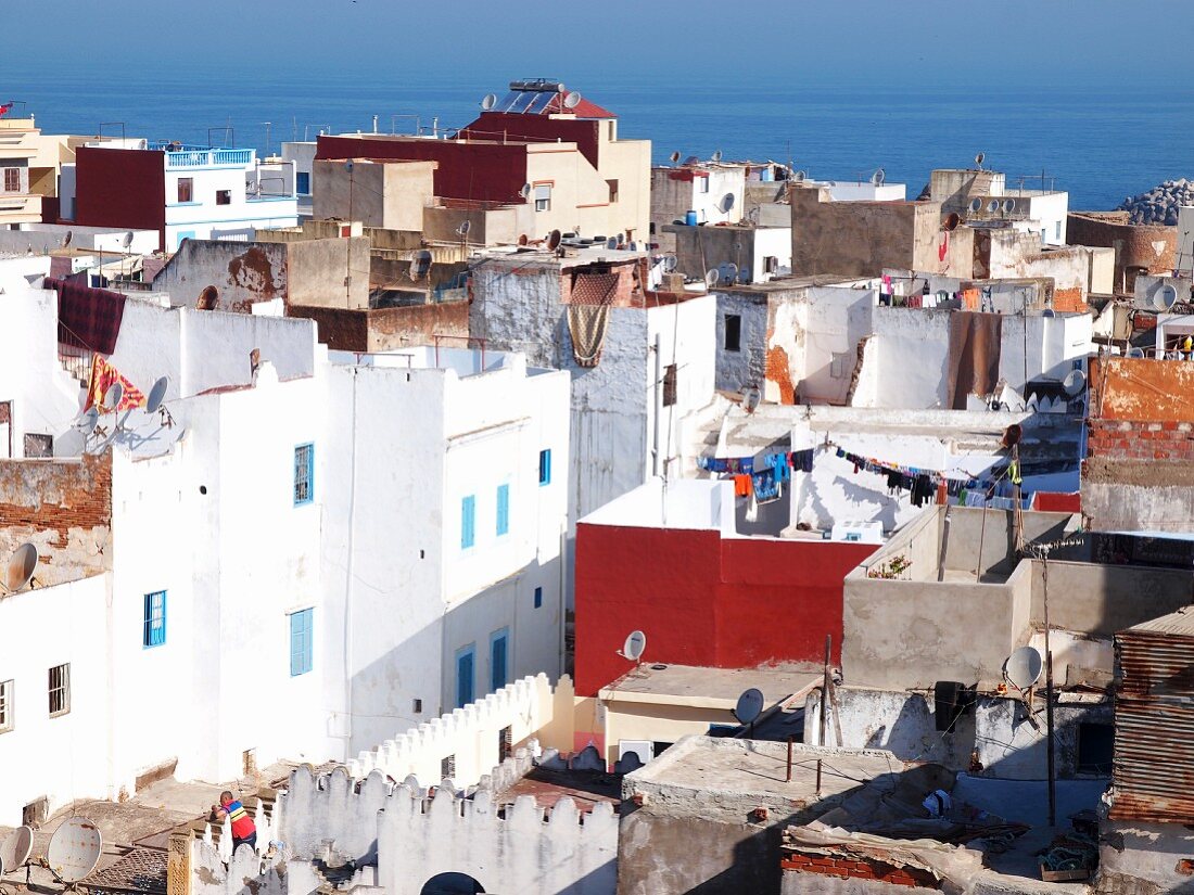 Blick auf Larache mit typisch weiß-blauen Häusern, Marokko