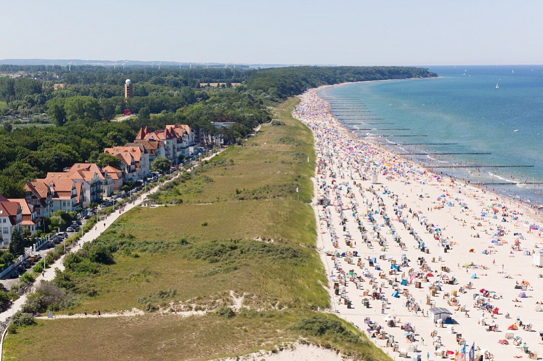 View of the stranded beach and villas by the sea in Warnemünde