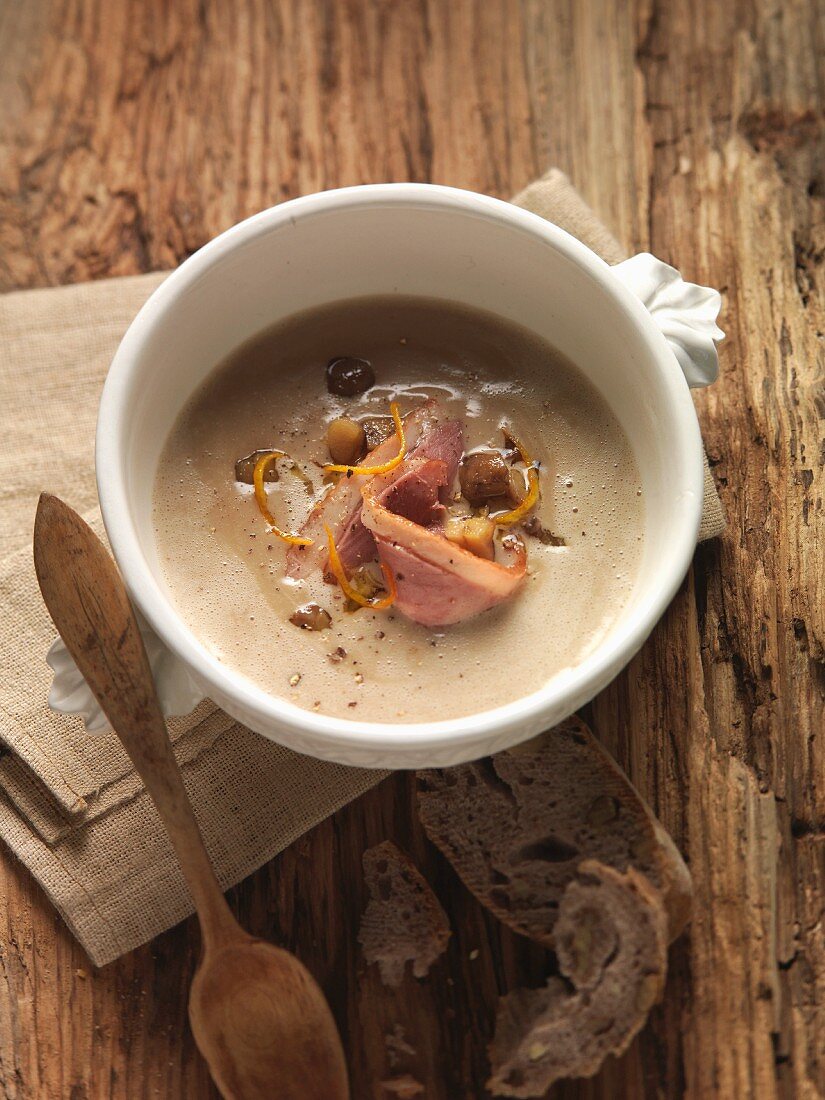 Chestnut soup with duck breast