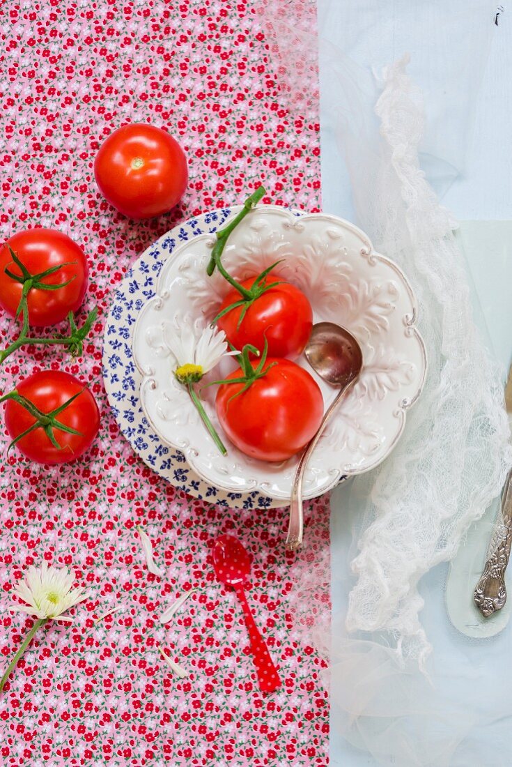 Symboldbild für Tomatensuppe: frische Tomaten im Suppenteller mit Schöpfkelle