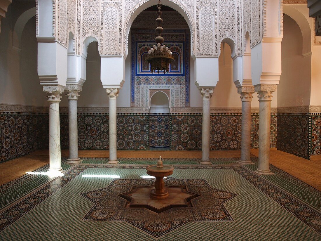 And interior view of the Mausoleum of Moulay Ismail, the burial site of the despotic ruler of Meknes, Morocco