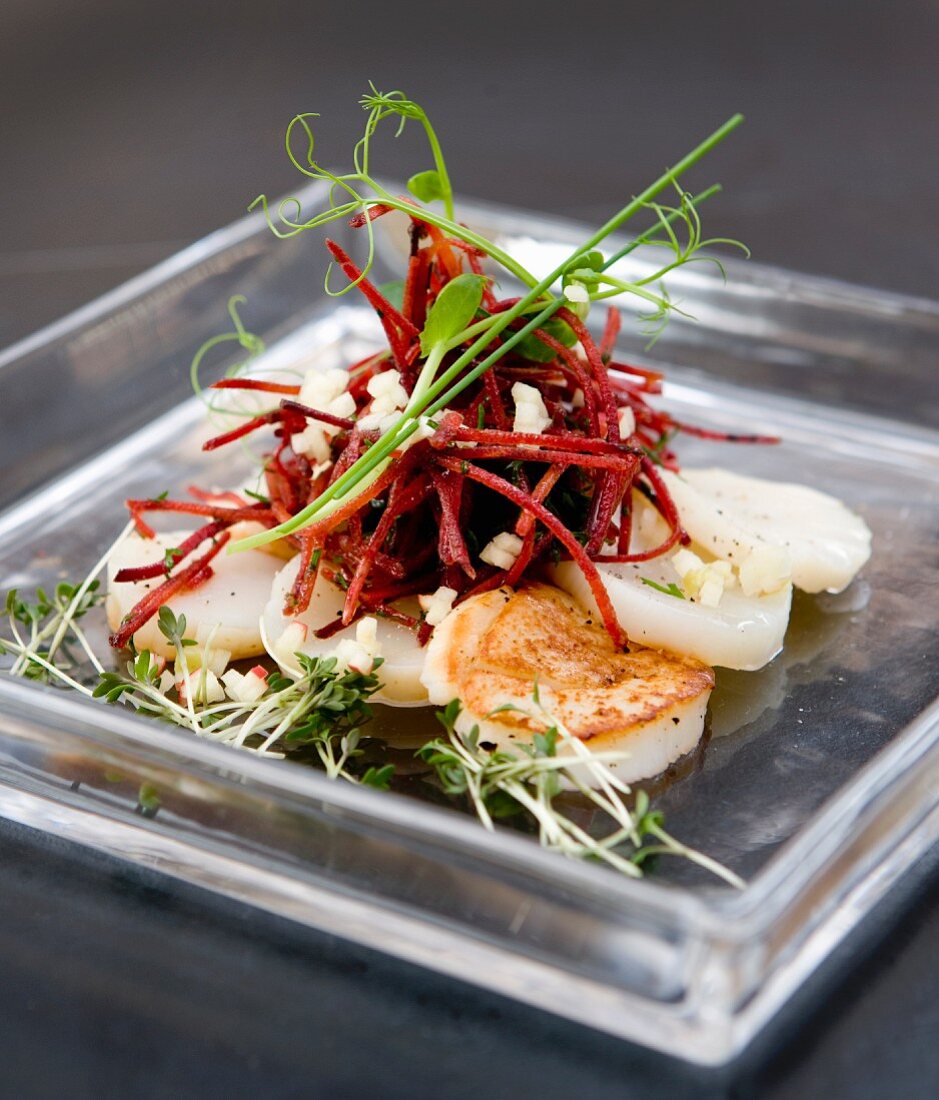 Carpaccio of scallops with a beetroot salad