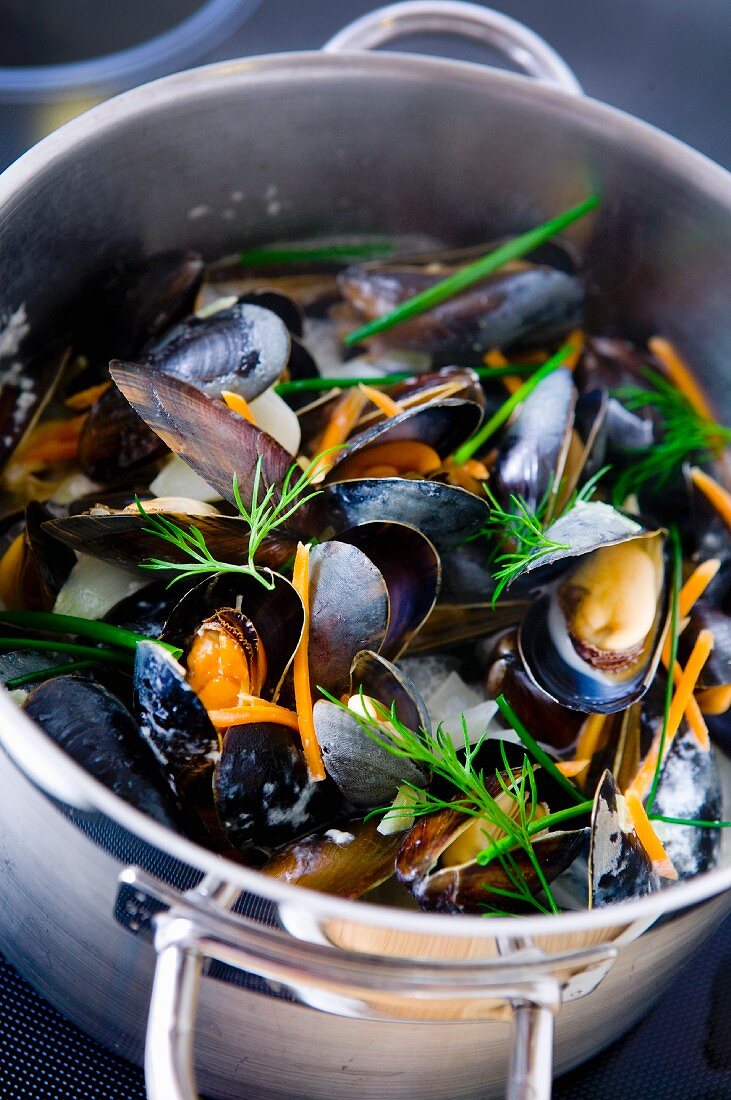 Mussels with dill in a pot
