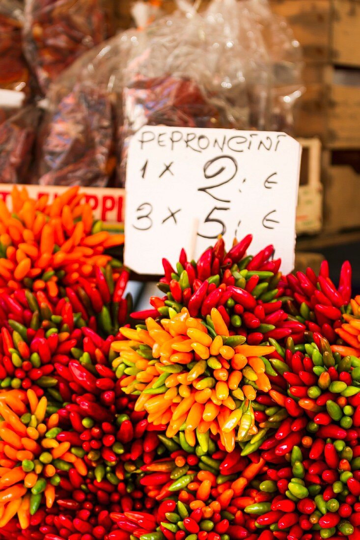 Bunches of fresh chilli peppers at a market