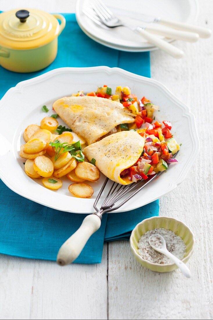 Gefülltes provenzalisches Omelett mit Tomaten und Zucchini, dazu Bratkartoffeln