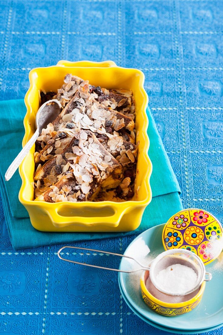 Capirotada – Mexican bread pudding with flaked almonds