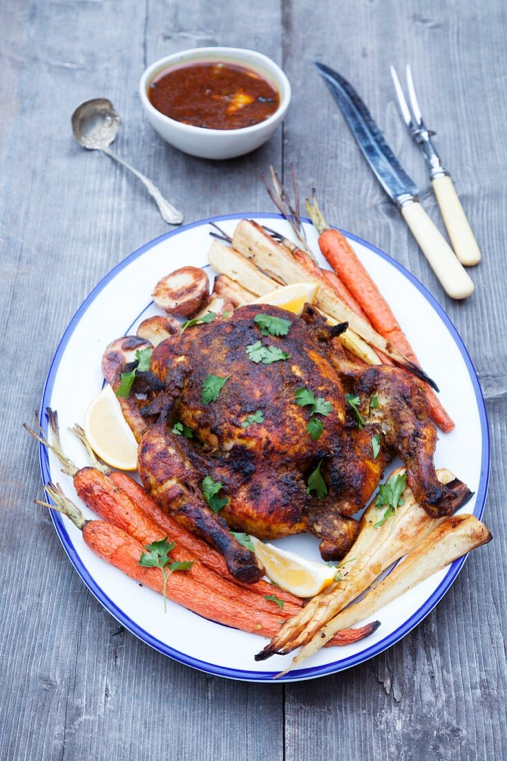 Roast chicken with root vegetables