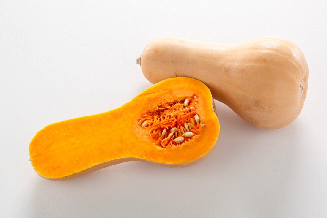 Butternut squash, whole and halved