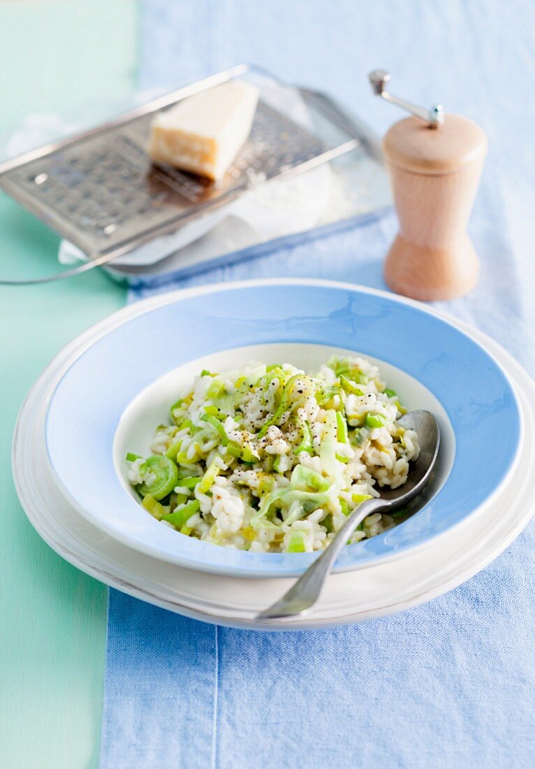 Vegetarian leek risotto with two types of cheese