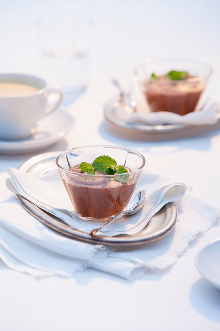 Chocolate mousse garnished with mint