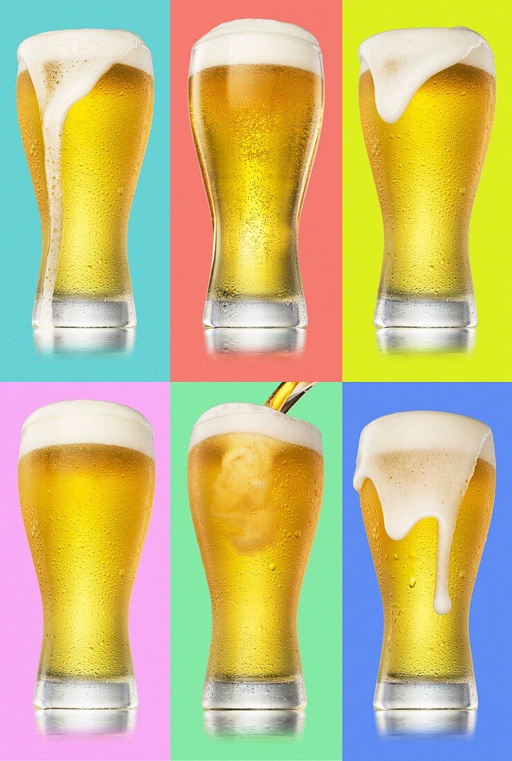 A composition of six glasses of beer against coloured backgrounds