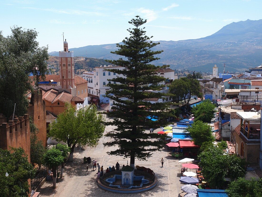 A view of Uta el-Hammam square in Chefchaouen, Morocco