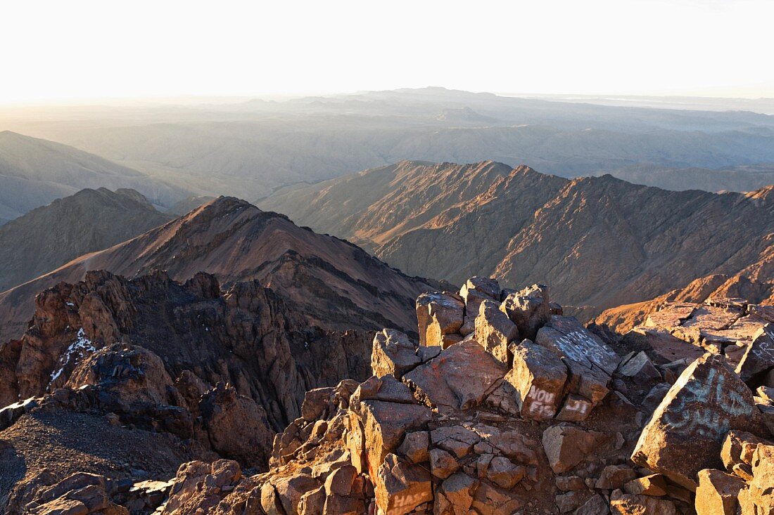 A view from the summit of Mount Toubkal looking over the Atlas Mountains, Morocco