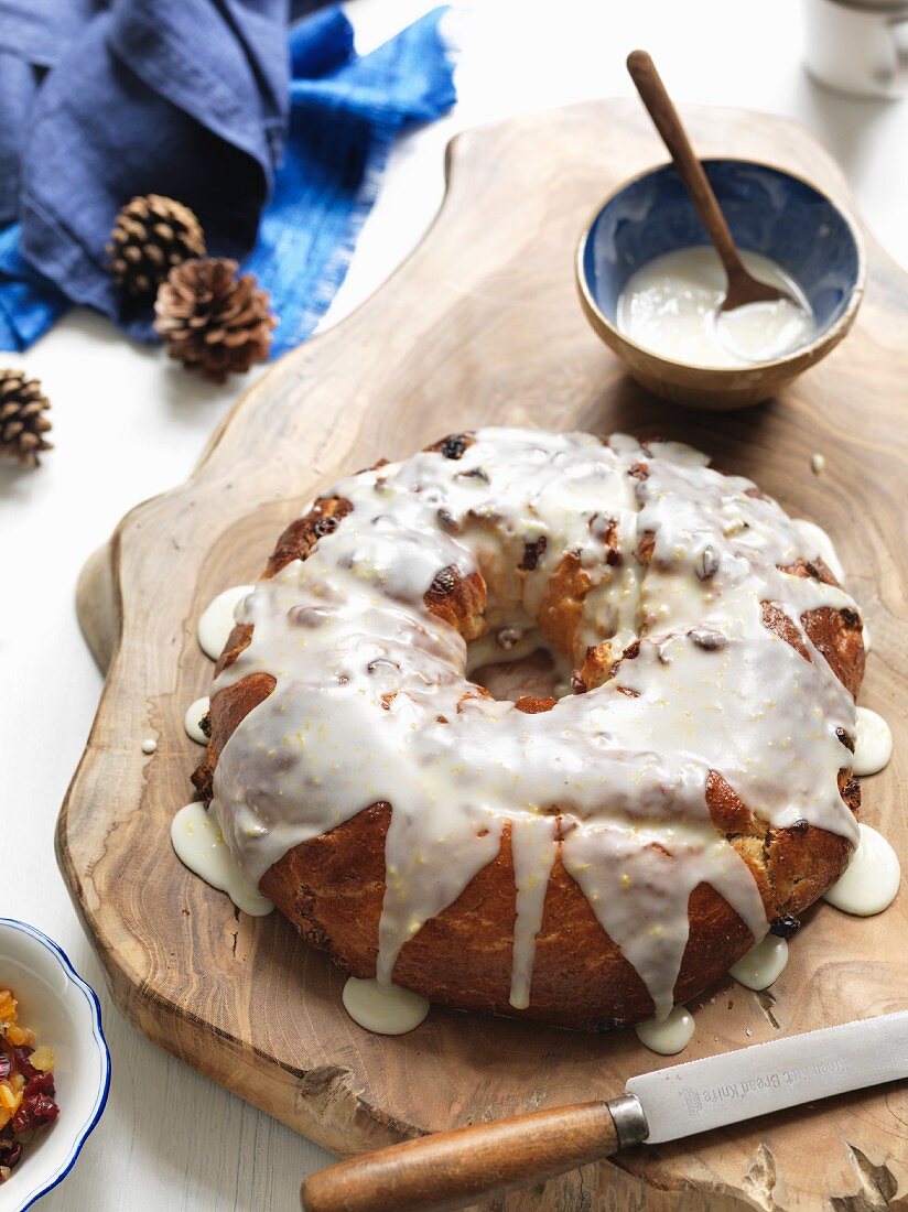 An Advent cake with whiskey-marinated fruit and lemon glaze