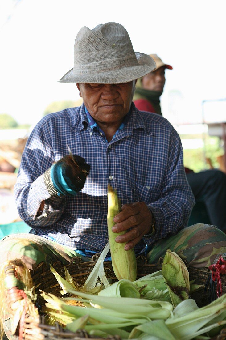 Mann beim Schälen von Maiskolben, Thailand
