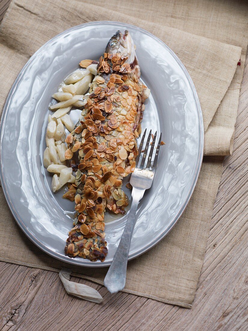 Saibling mit Mandelblättchen und Spargel