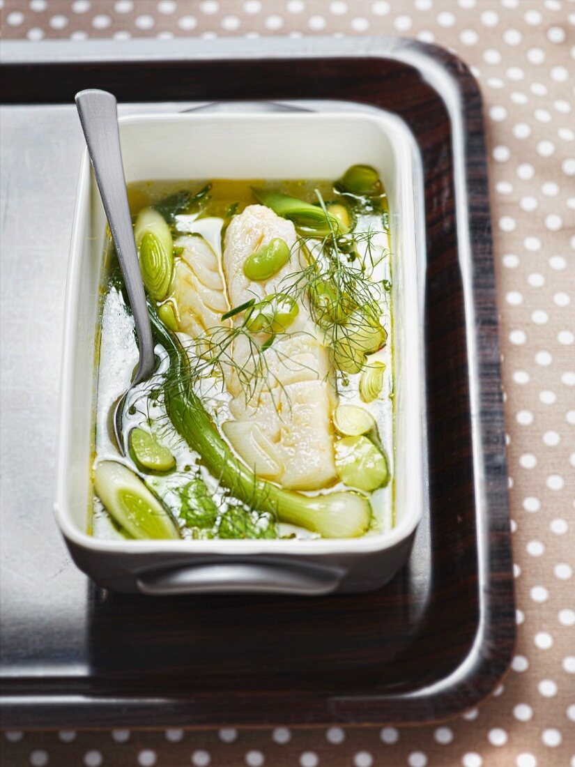 Cod with beans and leek in a dill broth